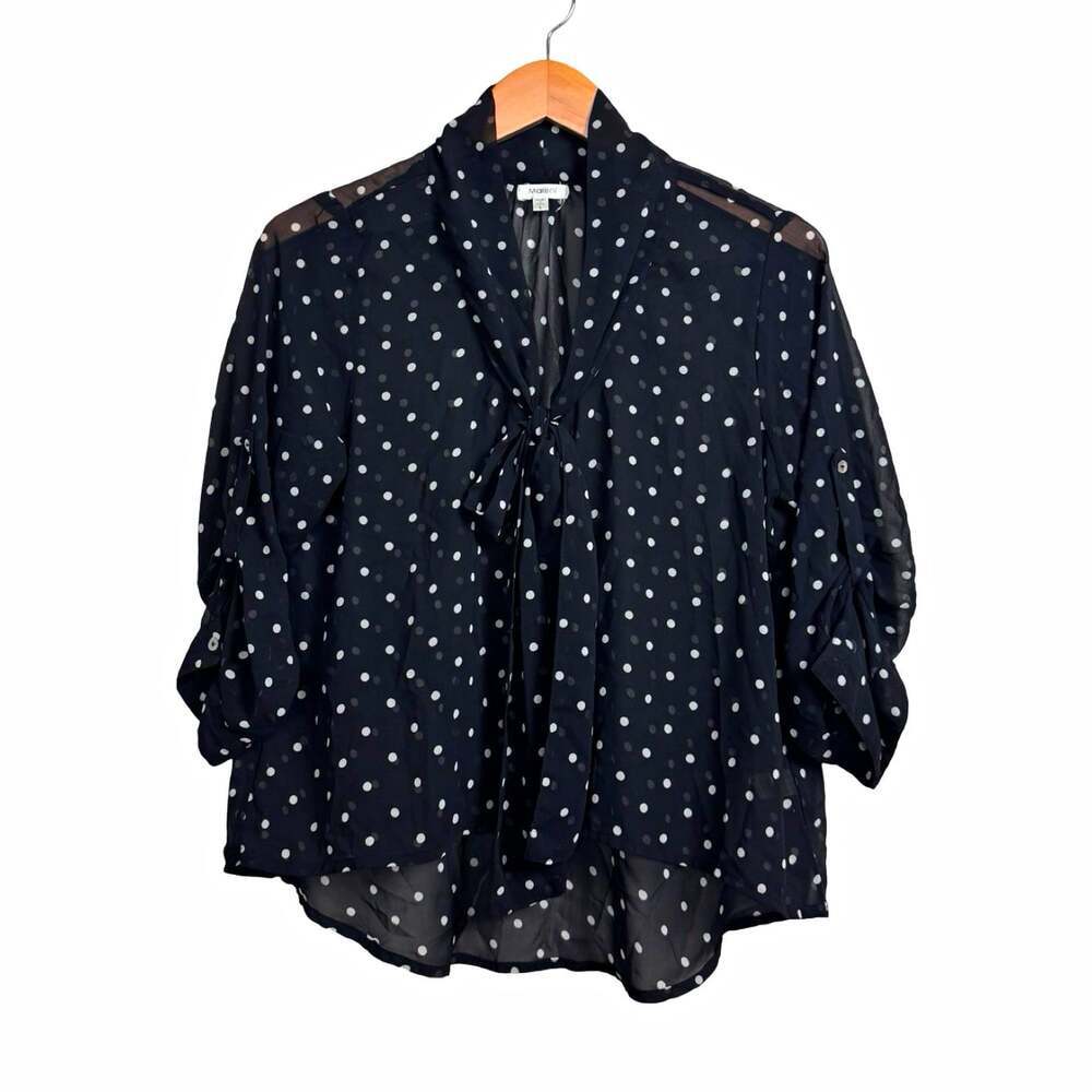Marisol Women’s Blouse Size L Black/White Polka Dot Sheer Chiffon Tie Neck